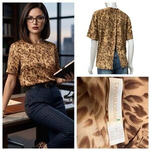 Vintage 90 Dana Buchman Silk Leopard Print Blouse Brown Office Siren Mob Wife 8